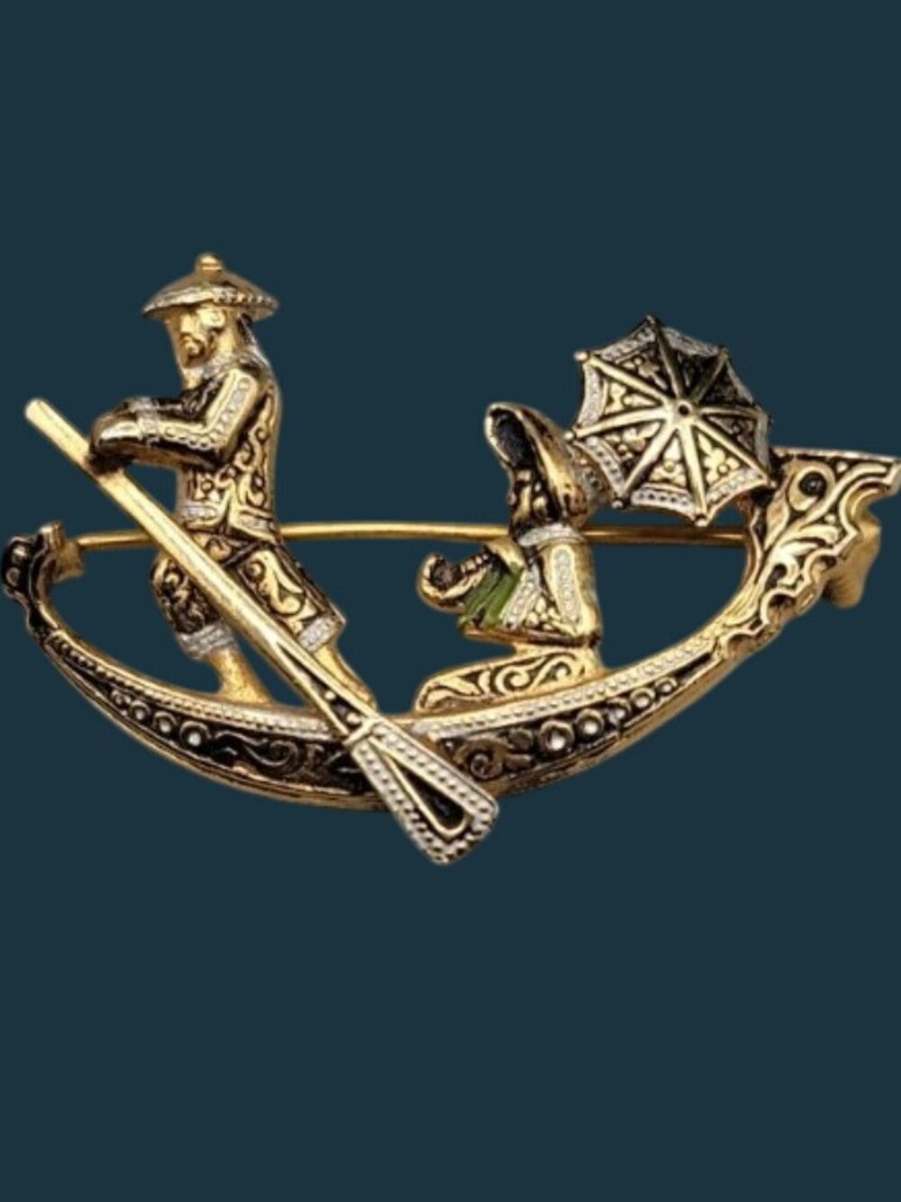 Vintage Damascene Figural Brooch Couple On Gondola Boat Ride 2" Gemstone Accent
